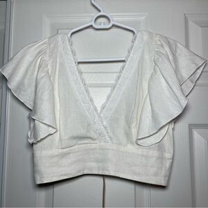 Love Tree Boho Linen Blend Ivory Deep V-Neck Lace Cottagecore NWT Crop Top M